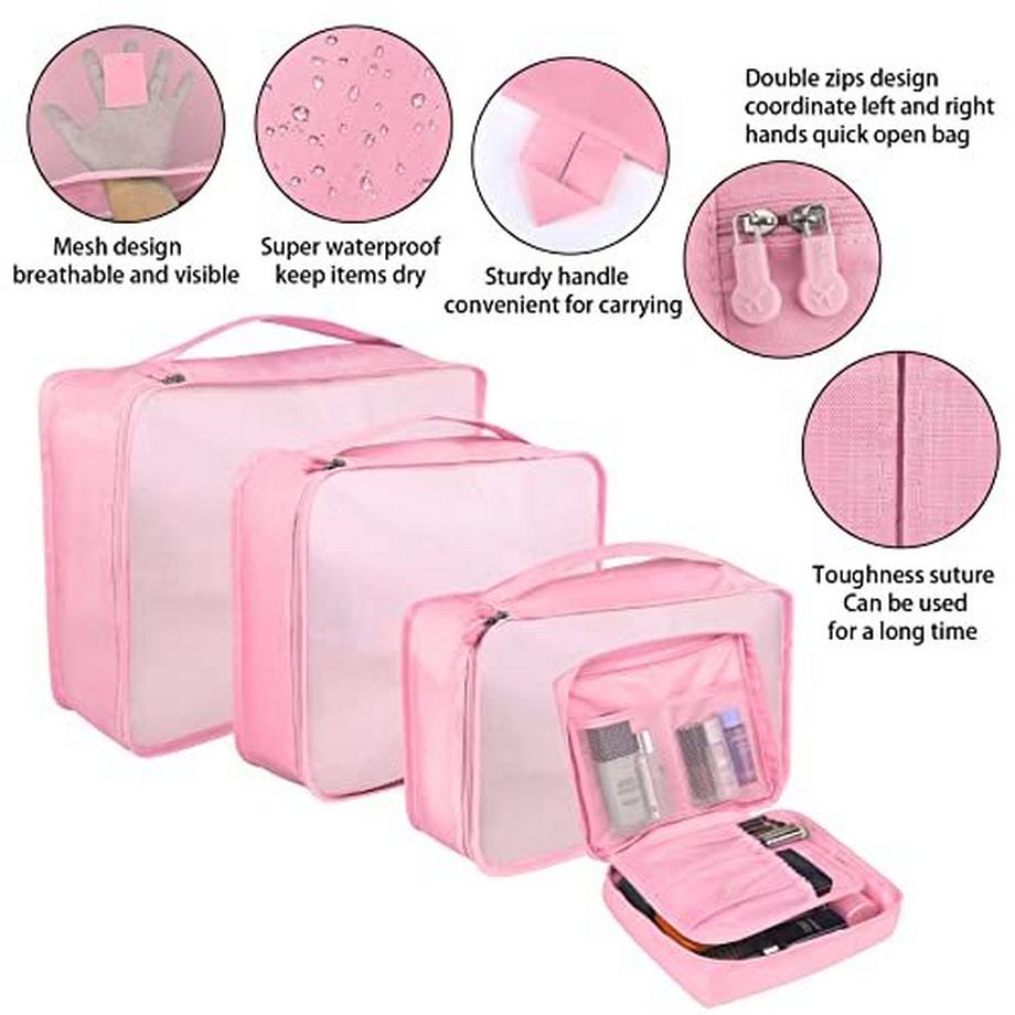 Only-bags.store  Lot de 8 cubes de rangement, cubes d'organisation pour valise, avec sac à chaussures, sac à linge, organisateur de voyage, sacs à vêtements, pour sac à dos, rose clair 