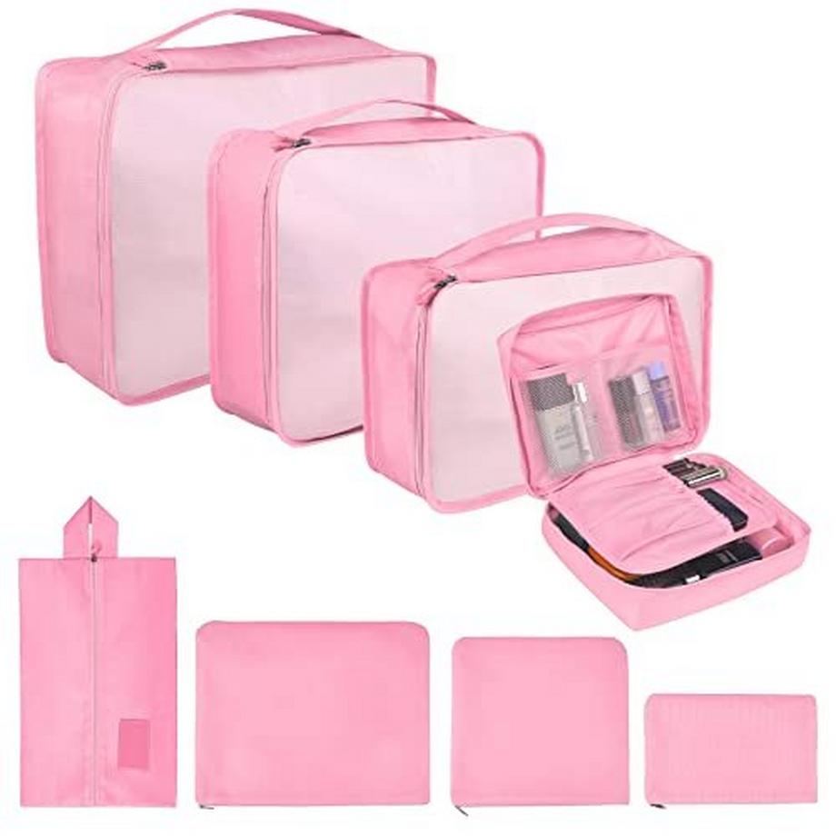 Only-bags.store  Lot de 8 cubes de rangement, cubes d'organisation pour valise, avec sac à chaussures, sac à linge, organisateur de voyage, sacs à vêtements, pour sac à dos, rose clair 