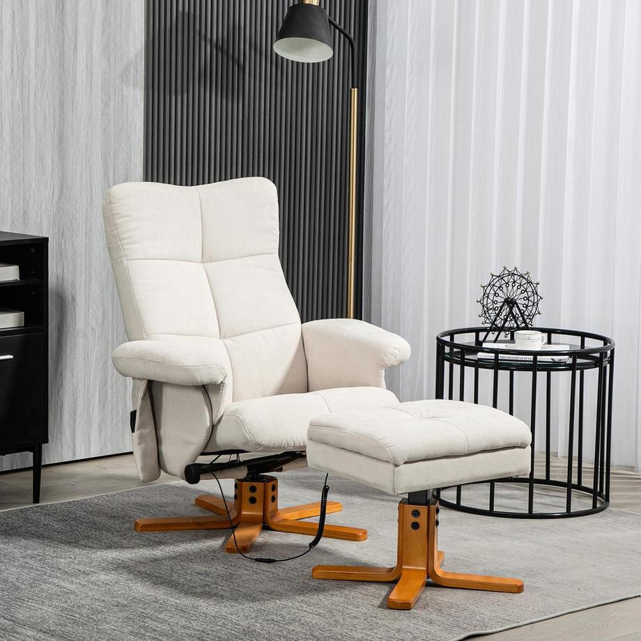 Northio Relaxsessel Massagesessel mit Hocker und Stauraum Fernsehsessel mit Liegefunktion 360° drehbar mit Seitentasche Kunstleder 80 x 86 x 99cm Cremeweiß  