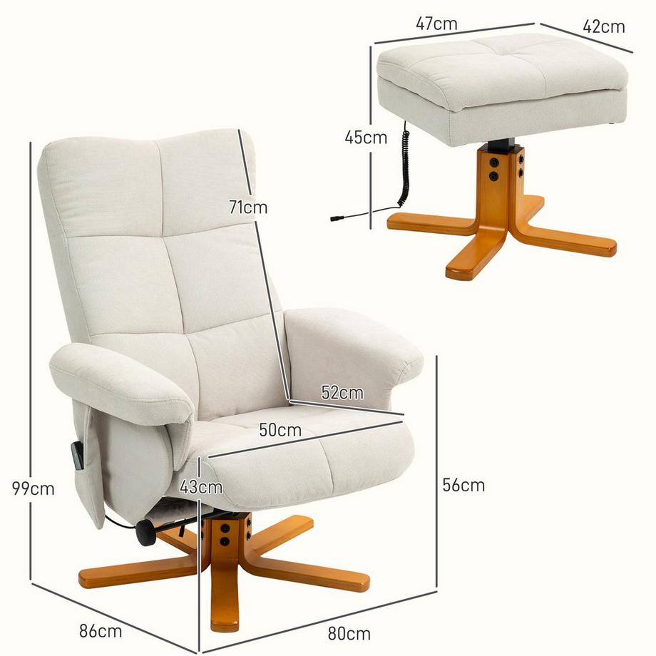 Northio Relaxsessel Massagesessel mit Hocker und Stauraum Fernsehsessel mit Liegefunktion 360° drehbar mit Seitentasche Kunstleder 80 x 86 x 99cm Cremeweiß  