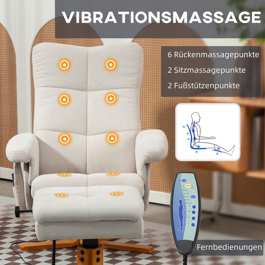 Northio Relaxsessel Massagesessel mit Hocker und Stauraum Fernsehsessel mit Liegefunktion 360° drehbar mit Seitentasche Kunstleder 80 x 86 x 99cm Cremeweiß  