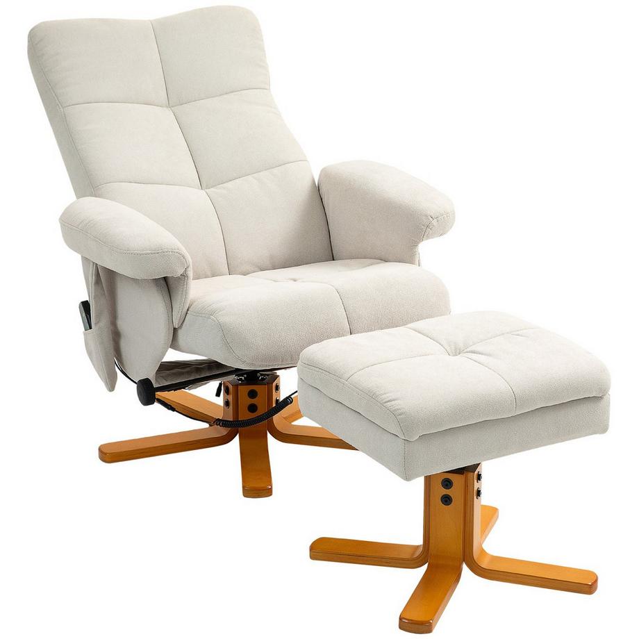 Relaxsessel Massagesessel mit Hocker und Stauraum Fernsehsessel mit Liegefunktion 360° drehbar mit Seitentasche Kunstleder 80 x 86 x 99cm Cremeweiß