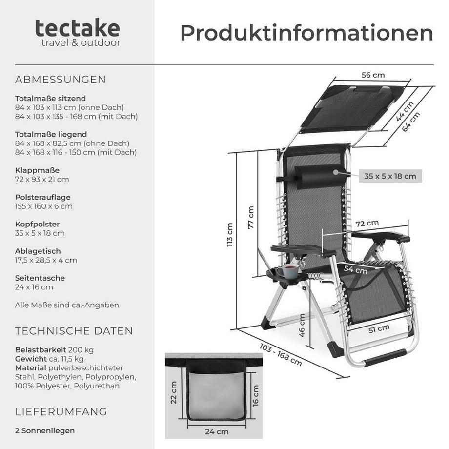 Tectake Sonnenliege Cloud II klappbar, flexible Rückenlehne und Fußablage stufenlos verstellbares Sonnendach  
