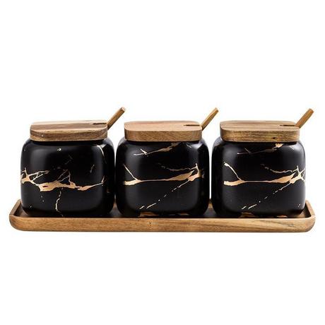 eStore  3x Pots à Épices avec Plateau - Noir 