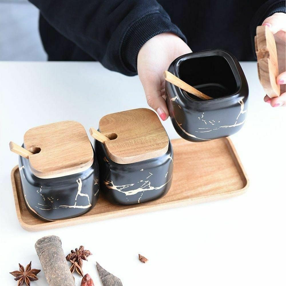 eStore  3x Pots à Épices avec Plateau - Noir 