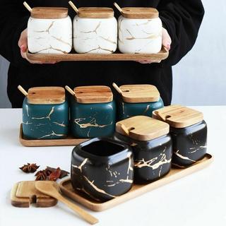 eStore  3x Pots à Épices avec Plateau - Noir 