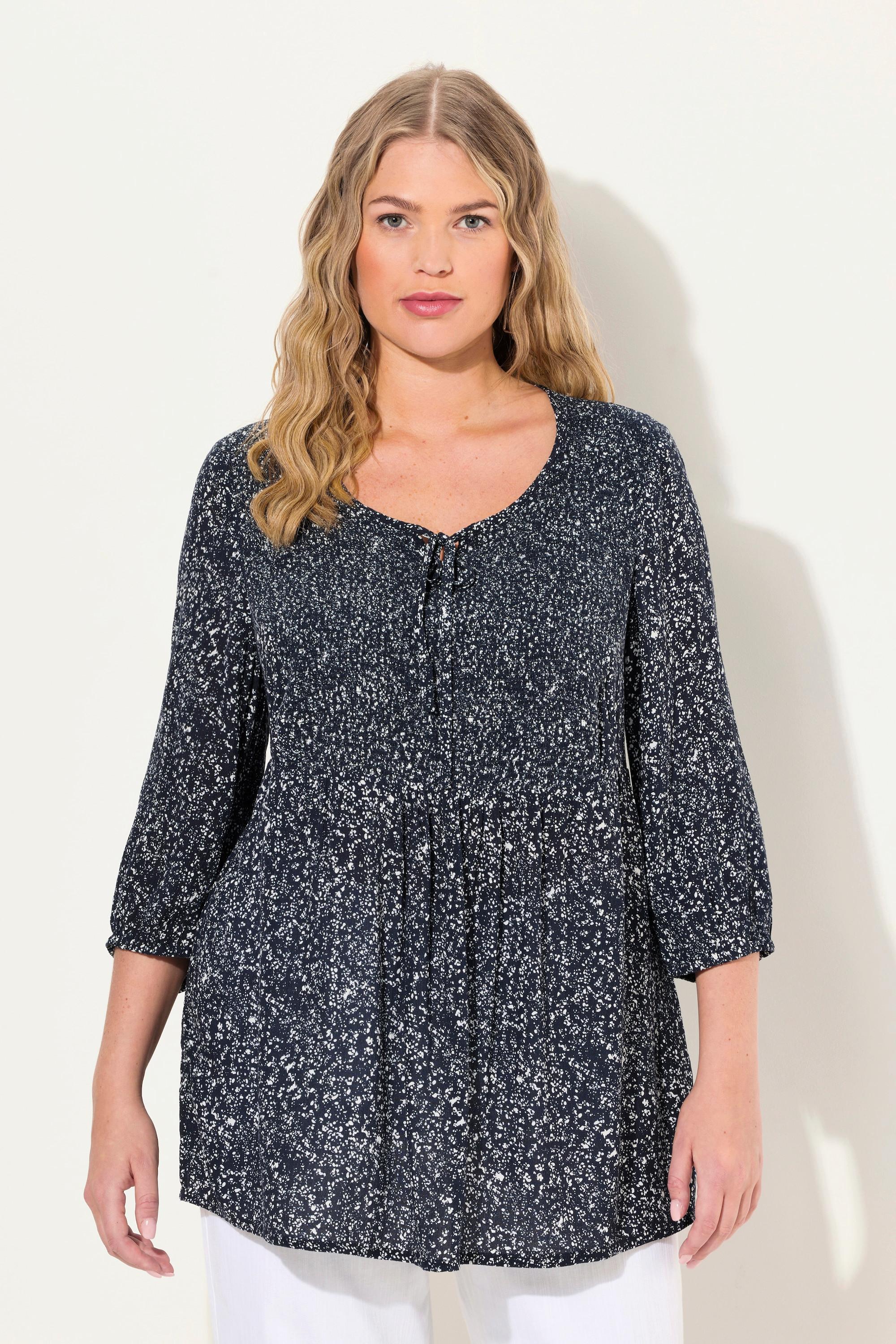 Ulla Popken  Blusa dal taglio svasato con punto smock, pallini, scollo a girocollo e maniche a 3/4 