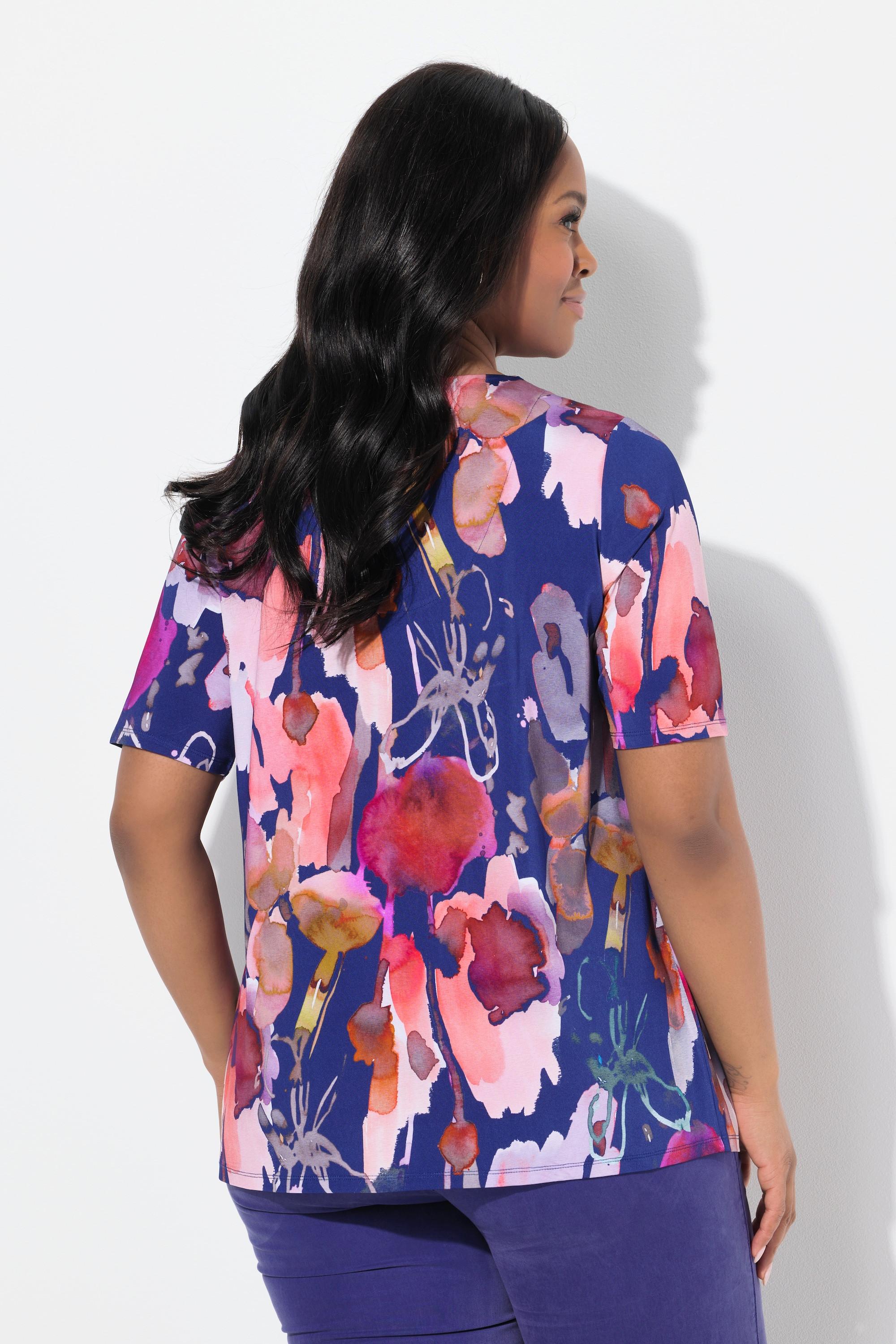 Ulla Popken T-shirt Fluide Motif Floral Col V Manches Courtes  