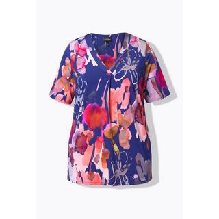 Ulla Popken T-shirt Fluide Motif Floral Col V Manches Courtes  