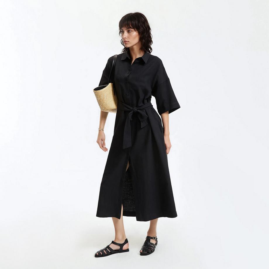 Hemdkleid lang Ärmel Ellbogen gegürtet