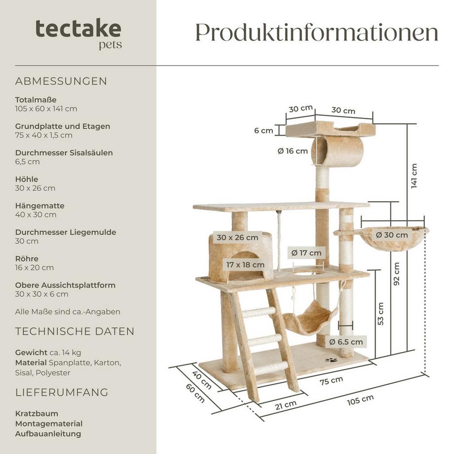 Tectake  Arbre à chat MARCEL 141 cm avec griffoir et plateforme d'escalade 