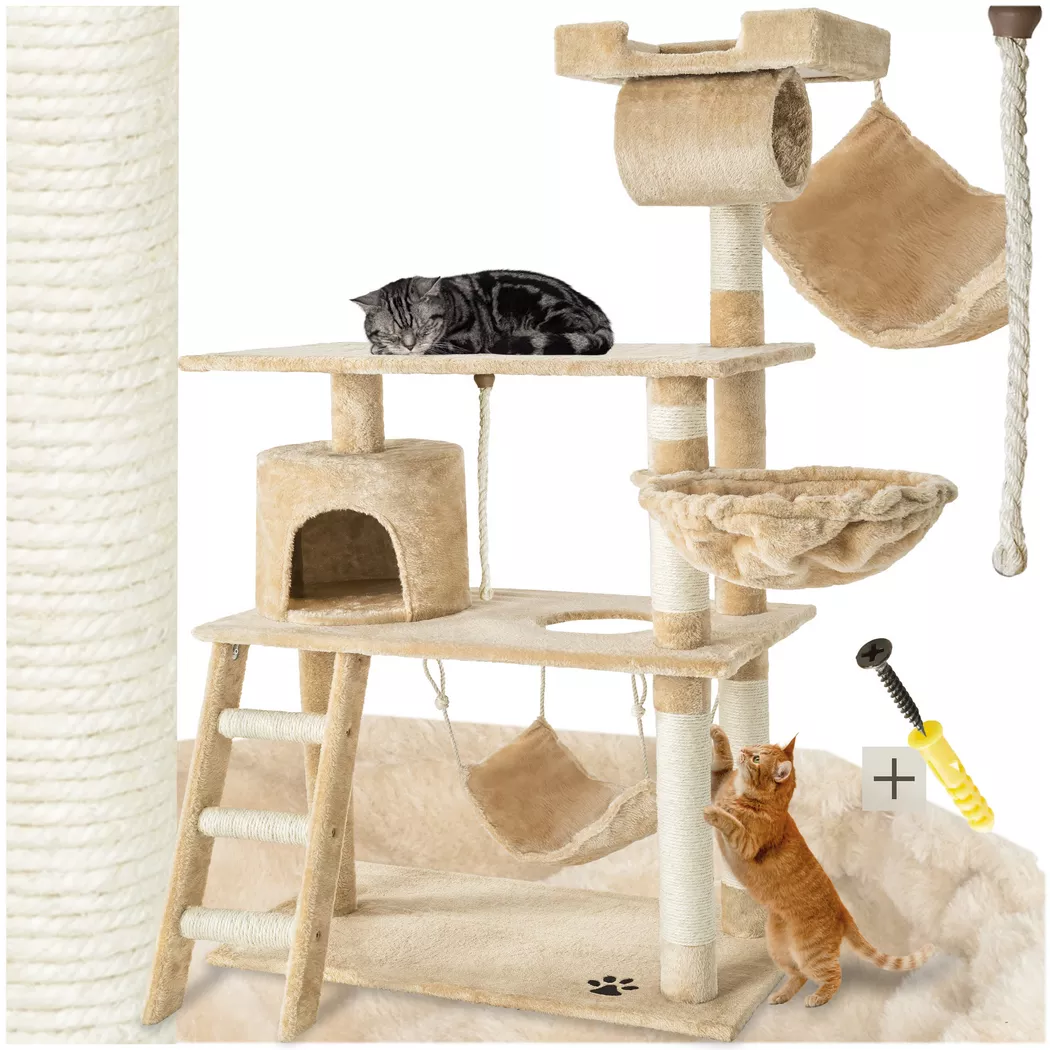 tectake® Kratzbaum, 141 cm, mit Katzenhaus, inklusive Treppe, Spielkordel und Kippschutz