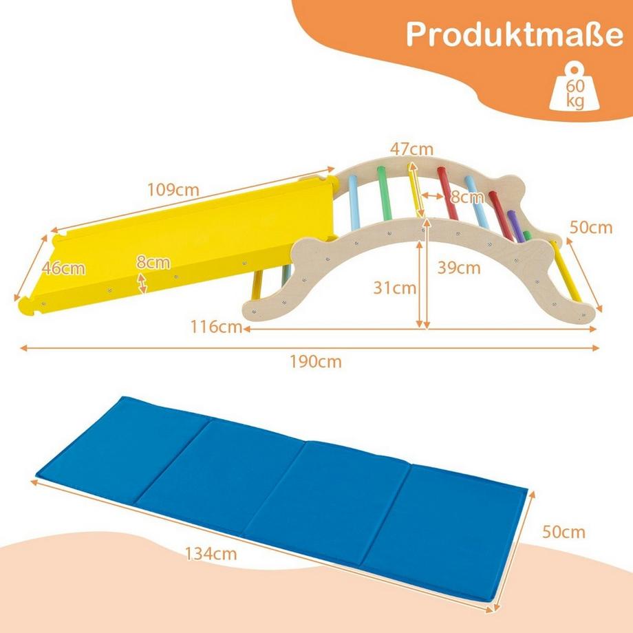 Northio  Ensemble échelle d'escalade pour enfants 3 en 1 avec rampe réversible et coussin pour grimper et glisser, coloré, capacité de charge de 60 kg 