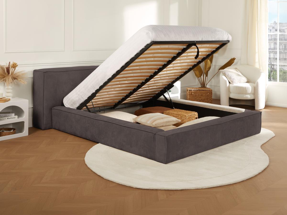 PASCAL MORABITO Lit coffre 140 x 190 cm - Velours côtelé - Taupe + Matelas - TIMANO de Pascal Morabito  