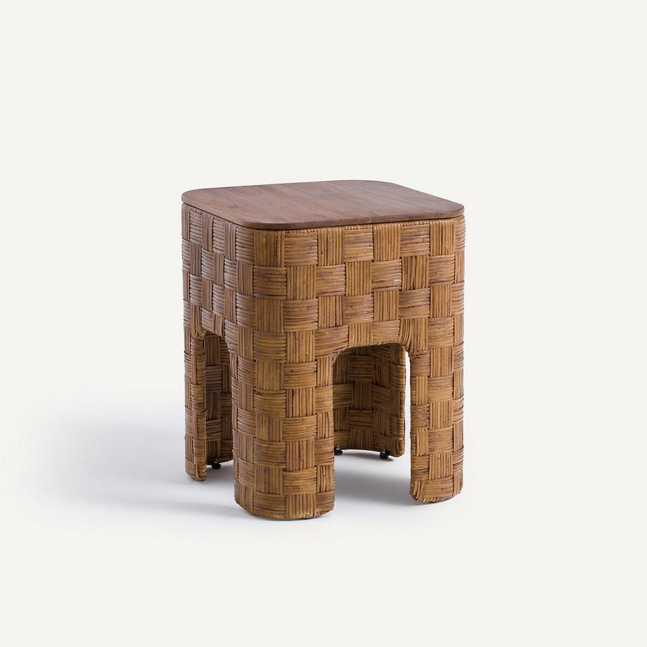 Nachttisch aus massivem Teakholz und Rattangeflecht