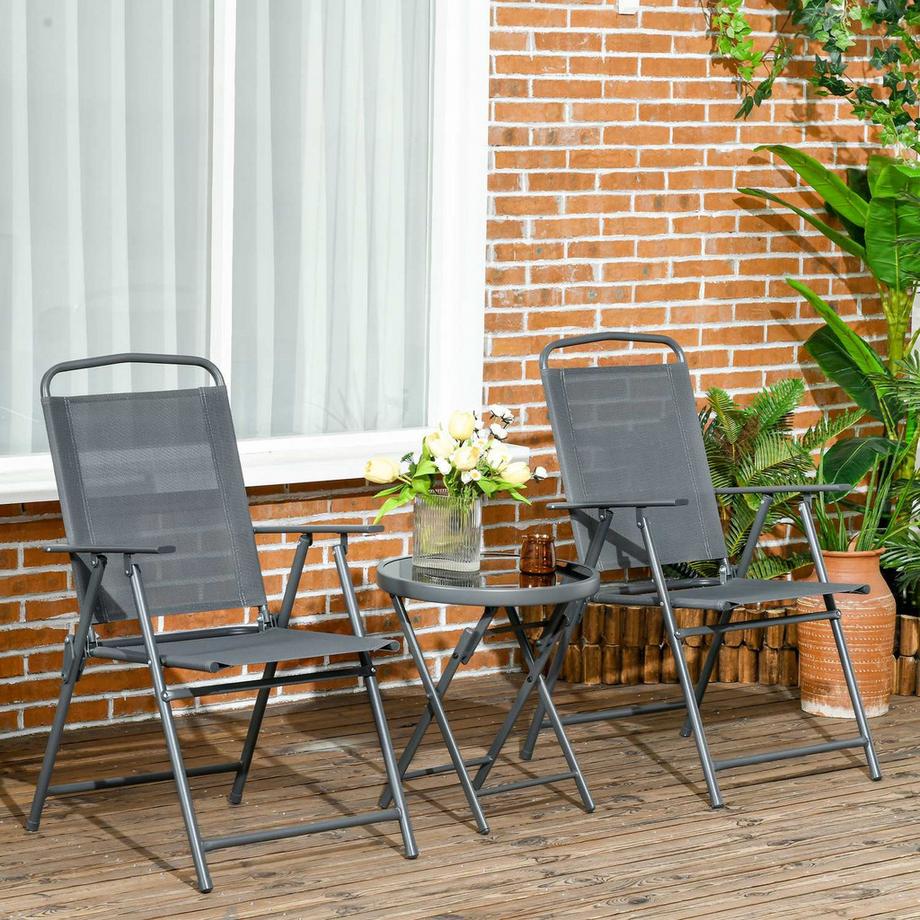 Northio  Ensemble de bistro 3 pièces en métal, ensemble de meubles de jardin résistant aux intempéries avec table pliante en verre, chaises de jardin, ensemble de meubles de balcon d'extérieur, groupe de sièges, ensemble de balcon, ensemble de jardin, gris foncé A 