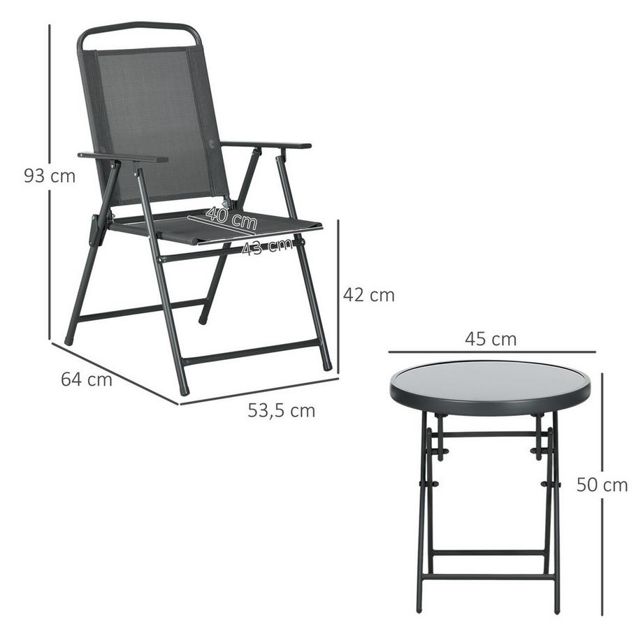 Northio  Ensemble de bistro 3 pièces en métal, ensemble de meubles de jardin résistant aux intempéries avec table pliante en verre, chaises de jardin, ensemble de meubles de balcon d'extérieur, groupe de sièges, ensemble de balcon, ensemble de jardin, gris foncé A 