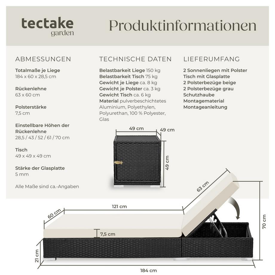 Tectake Lot de 2 chaises longues en rotin et aluminium Nautica résistant aux intempéries et aux UV  