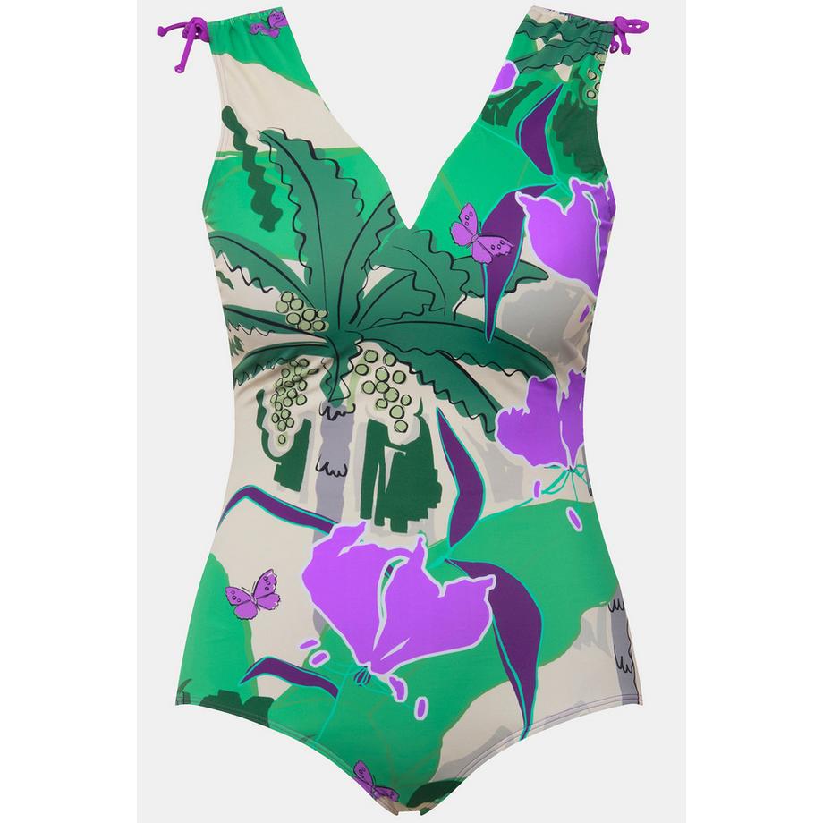 Ulla Popken Costume da bagno Stampa Palme Coppe Morbide Spalline Arricciate  