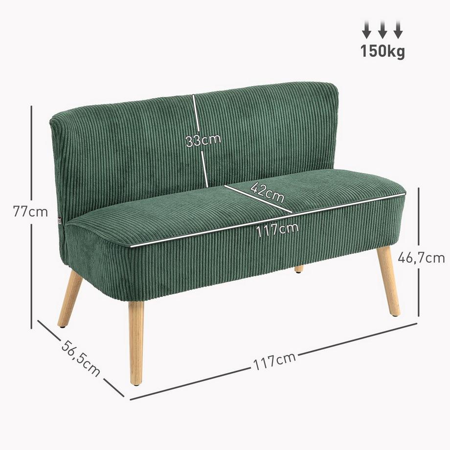 Northio 2 Sitzer Sofa, Couch mit Kordoptik, Holzbeine, Gepolsterter Polstersofa, Doppelsofa für Wohnzimmer, Schlafzimmer, 117 x 56.5 x 77 cm, Grün |  