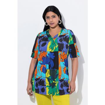 T-shirt au tombé fluide, motif feuilles, décolleté en V et manches courtes, coupe évasée