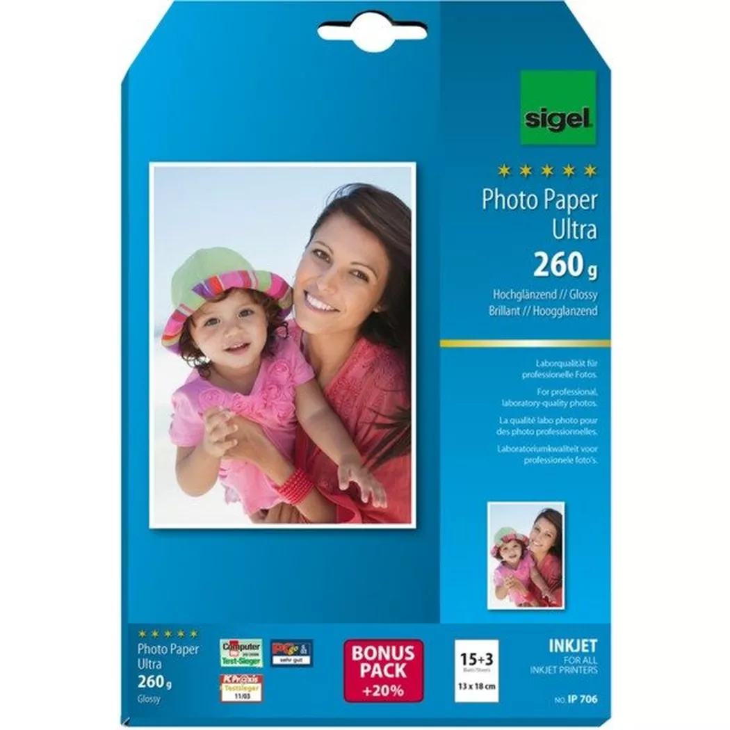 Sigel – InkJet Fotopapier 13x18cm IP706 260g,glossy, weiss 18 Blatt, One Size