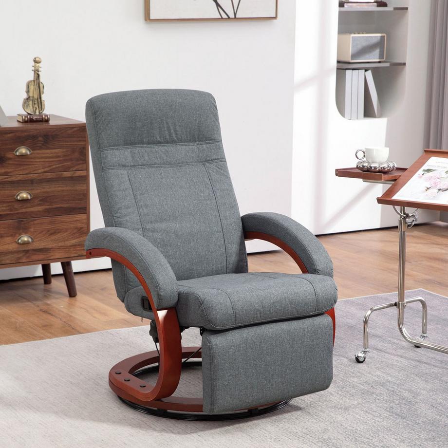 Northio Fauteuil de relaxation Fauteuil TV avec fonction inclinable, accoudoir en bois, fauteuil TV inclinable et pivotant avec dossier réglable, fauteuil inclinable, tissu, gris  