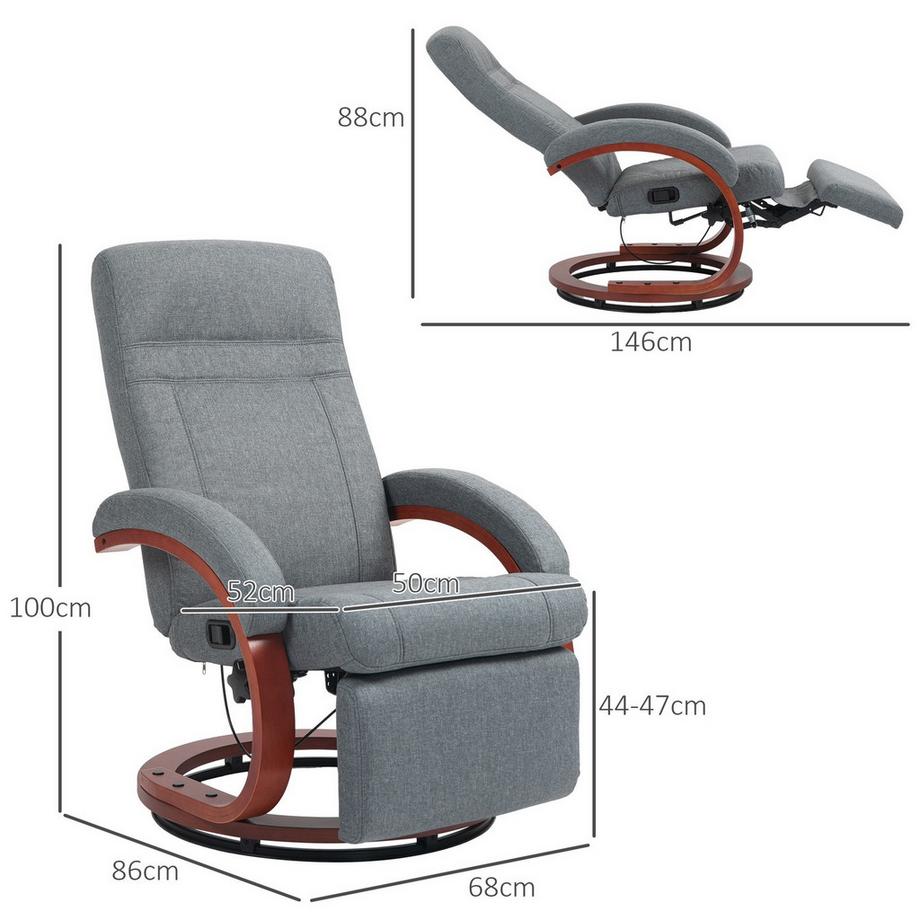 Northio Fauteuil de relaxation Fauteuil TV avec fonction inclinable, accoudoir en bois, fauteuil TV inclinable et pivotant avec dossier réglable, fauteuil inclinable, tissu, gris  