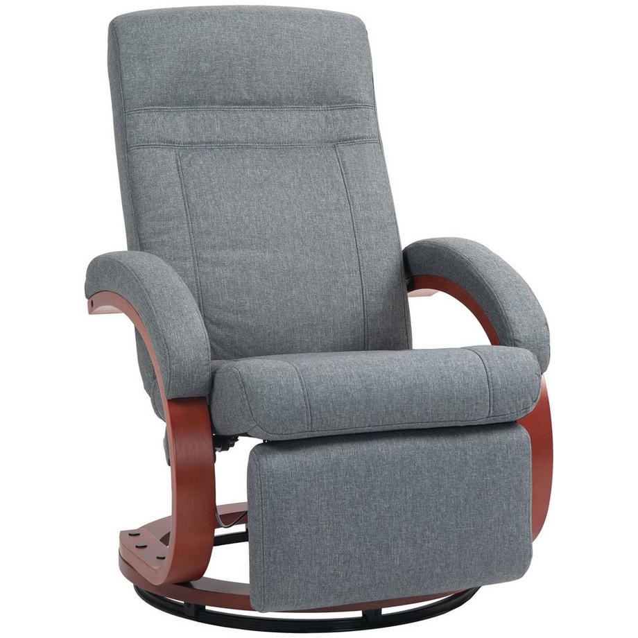 Fauteuil de relaxation Fauteuil TV avec fonction inclinable, accoudoir en bois, fauteuil TV inclinable et pivotant avec dossier réglable, fauteuil inclinable, tissu, gris