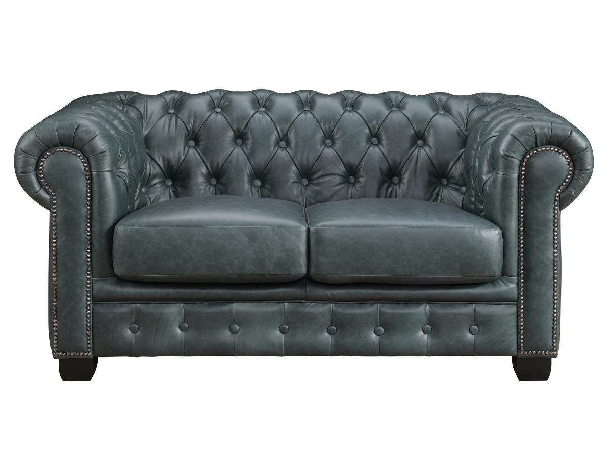 Vente-unique Chesterfield Ledersofa 2-Sitzer - Büffelleder - Graugrün - BRENTON  