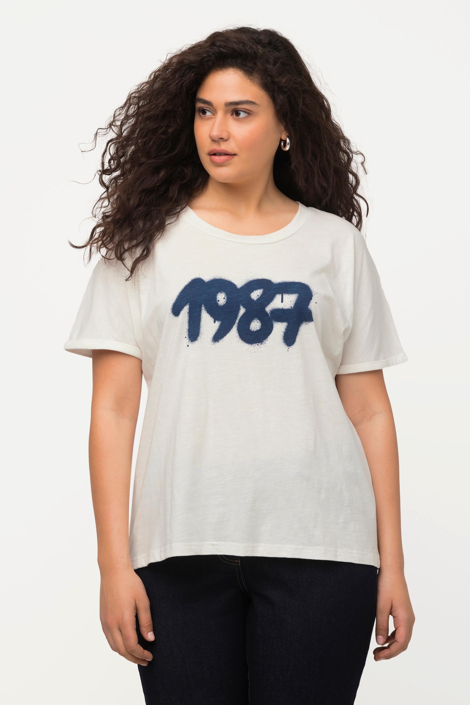 Ulla Popken  T-shirt oversize à col rond et manches courtes, motif spray 