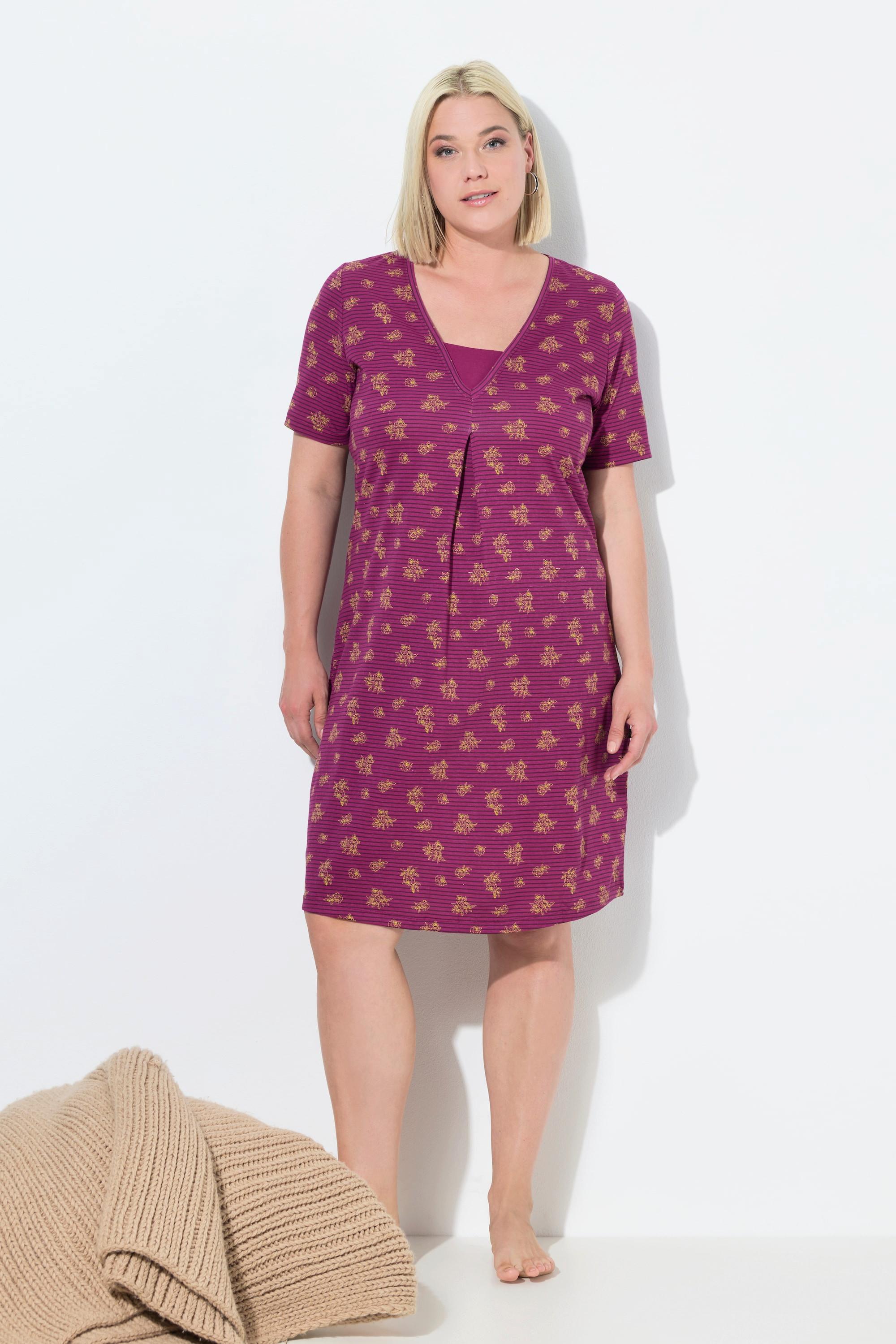 Ulla Popken Camicia da notte Righe Fiori Scollo a V Mezze Maniche  