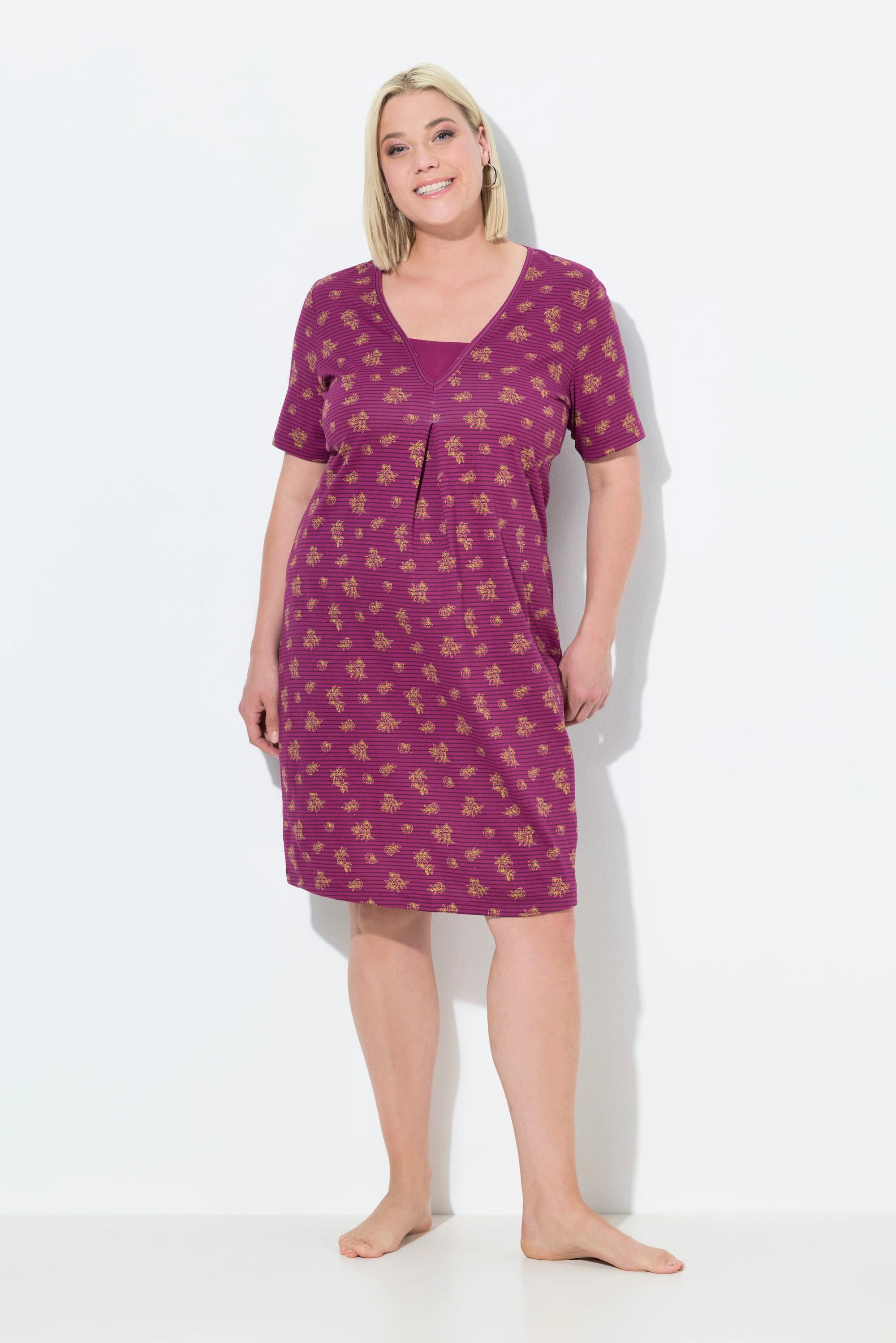 Ulla Popken Camicia da notte Righe Fiori Scollo a V Mezze Maniche  