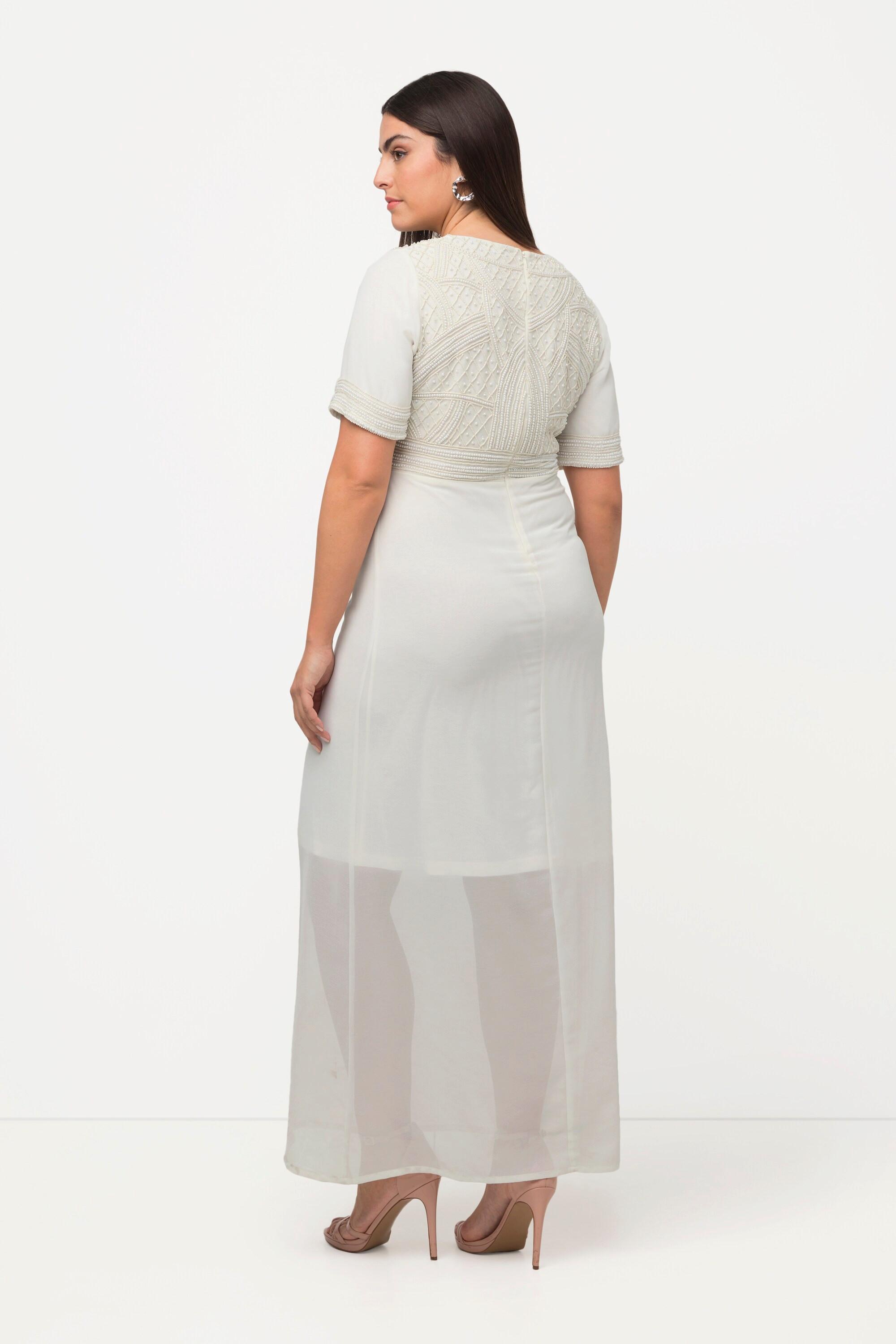 Ulla Popken Robe de Mariage Broderie Perles Col V Manches Mi-longues  