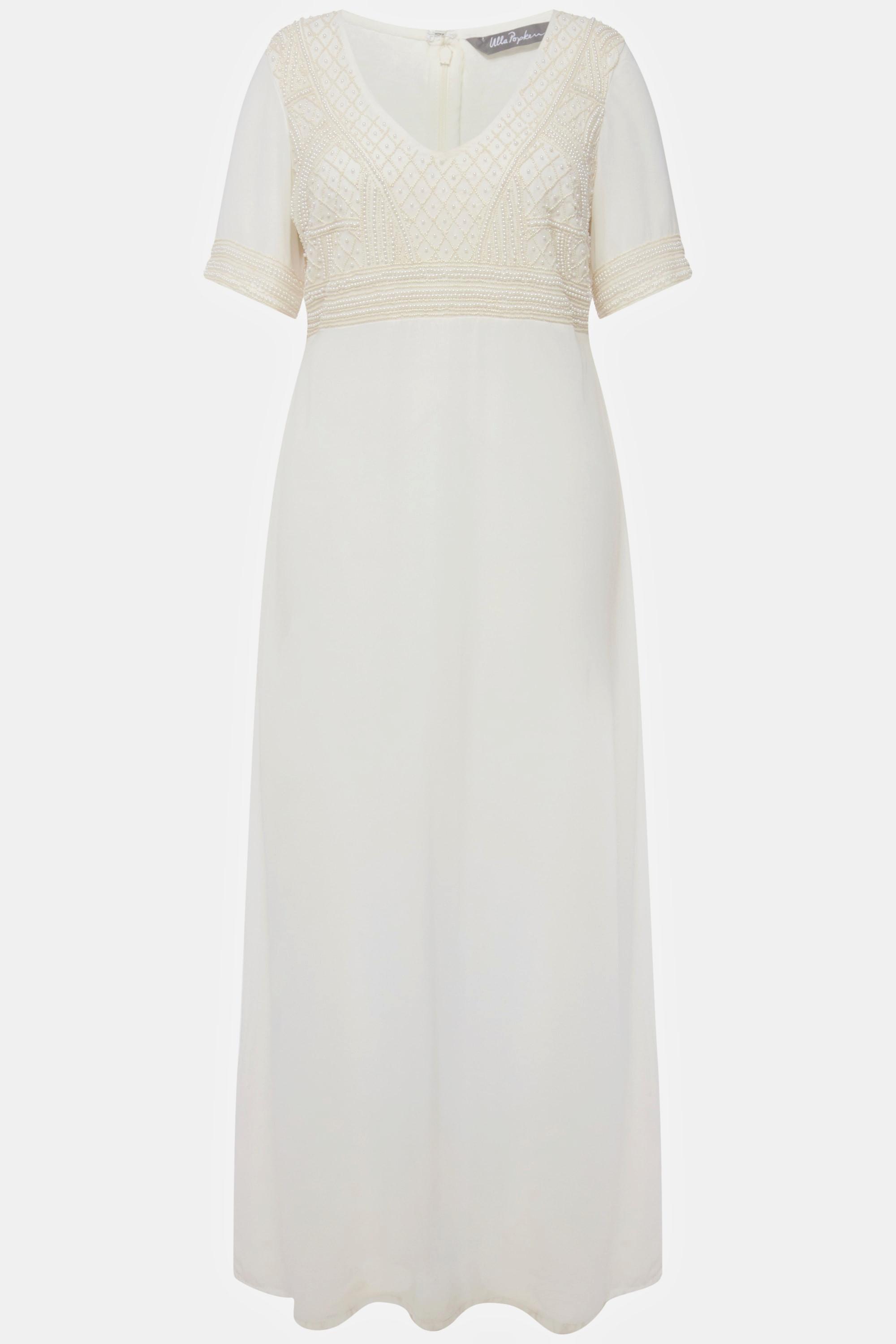 Ulla Popken Robe de Mariage Broderie Perles Col V Manches Mi-longues  