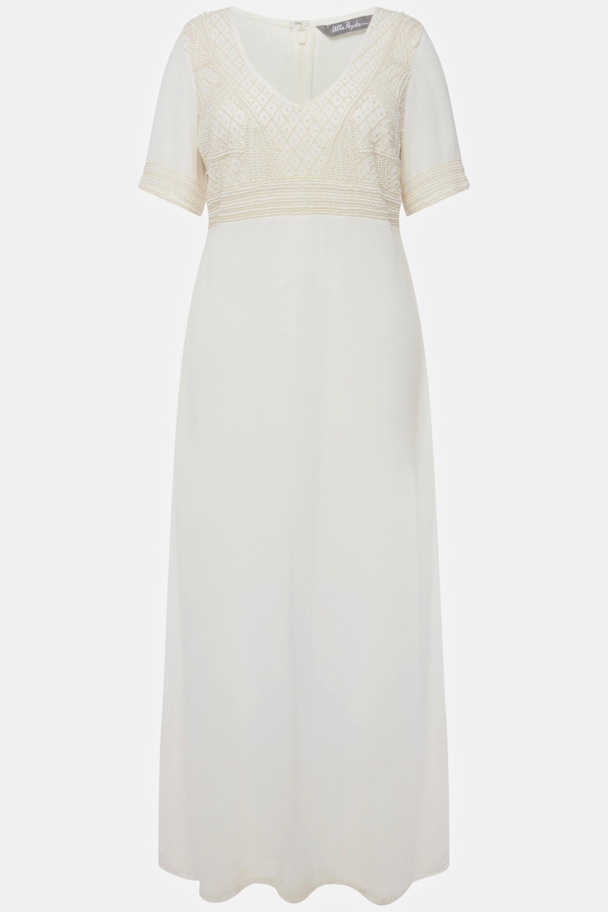 Ulla Popken  Robe de mariage, broderie en perles, col en V, manches mi-longues 