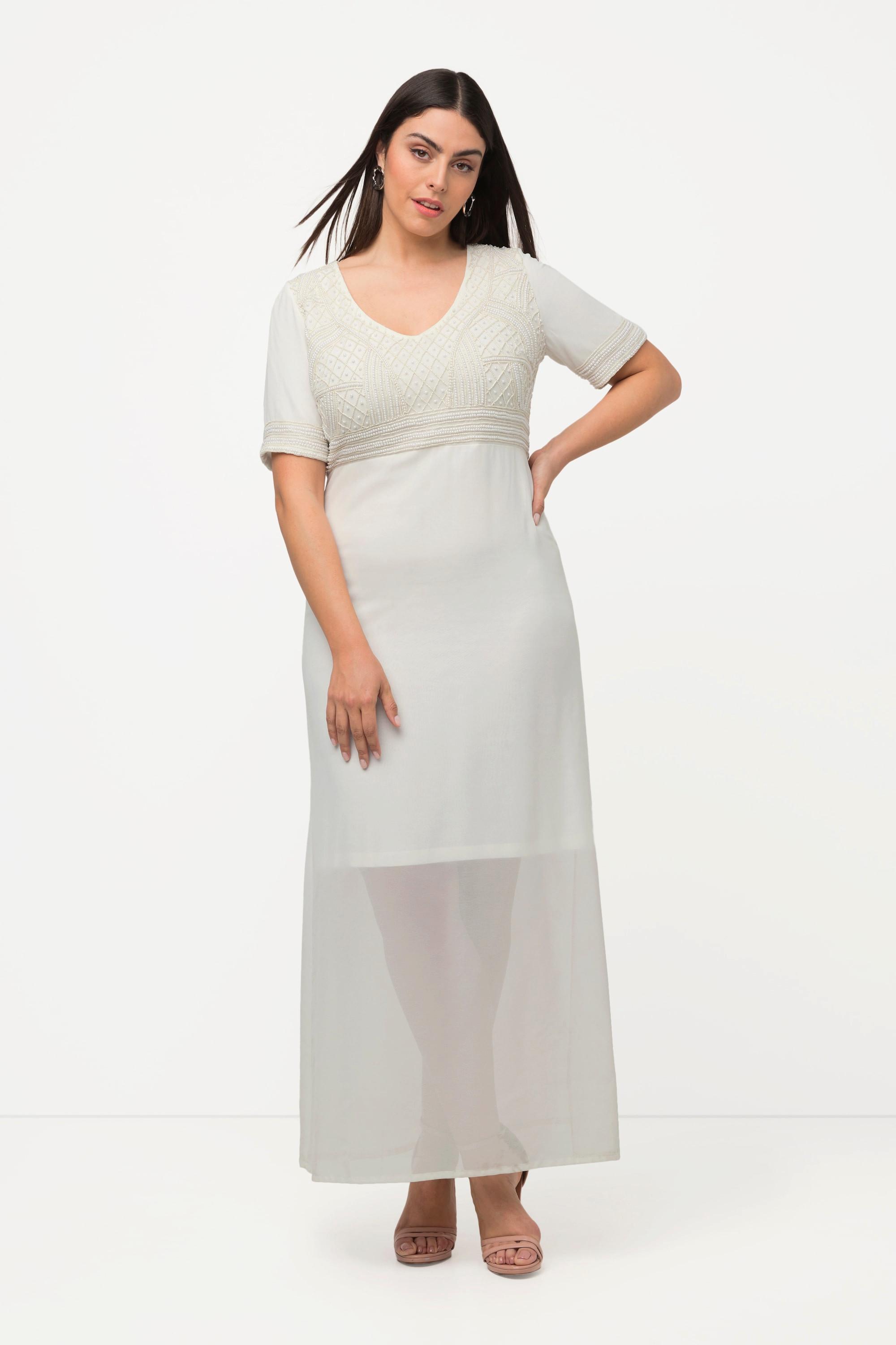 Ulla Popken Robe de Mariage Broderie Perles Col V Manches Mi-longues  