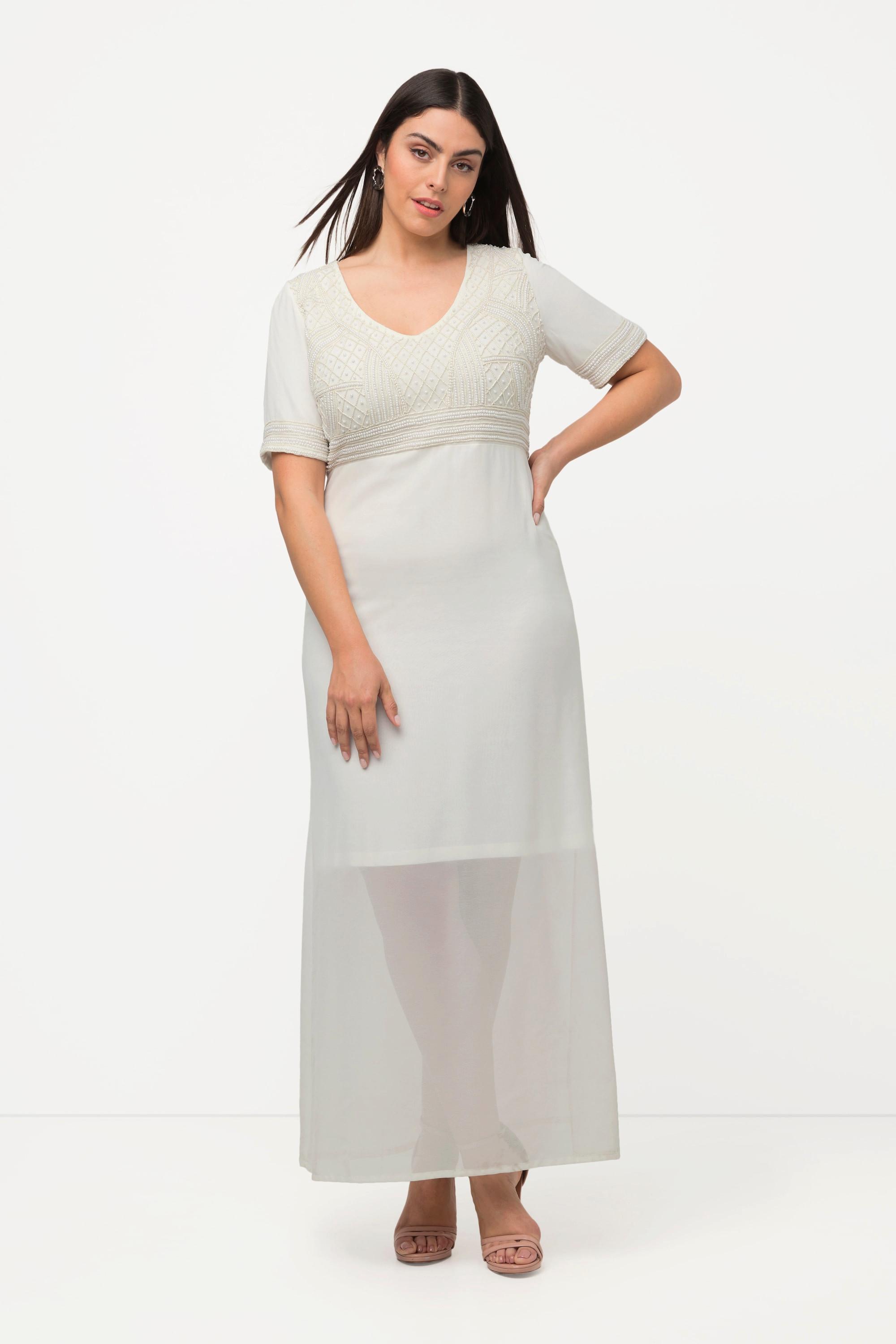 Ulla Popken  Robe de mariage, broderie en perles, col en V, manches mi-longues 