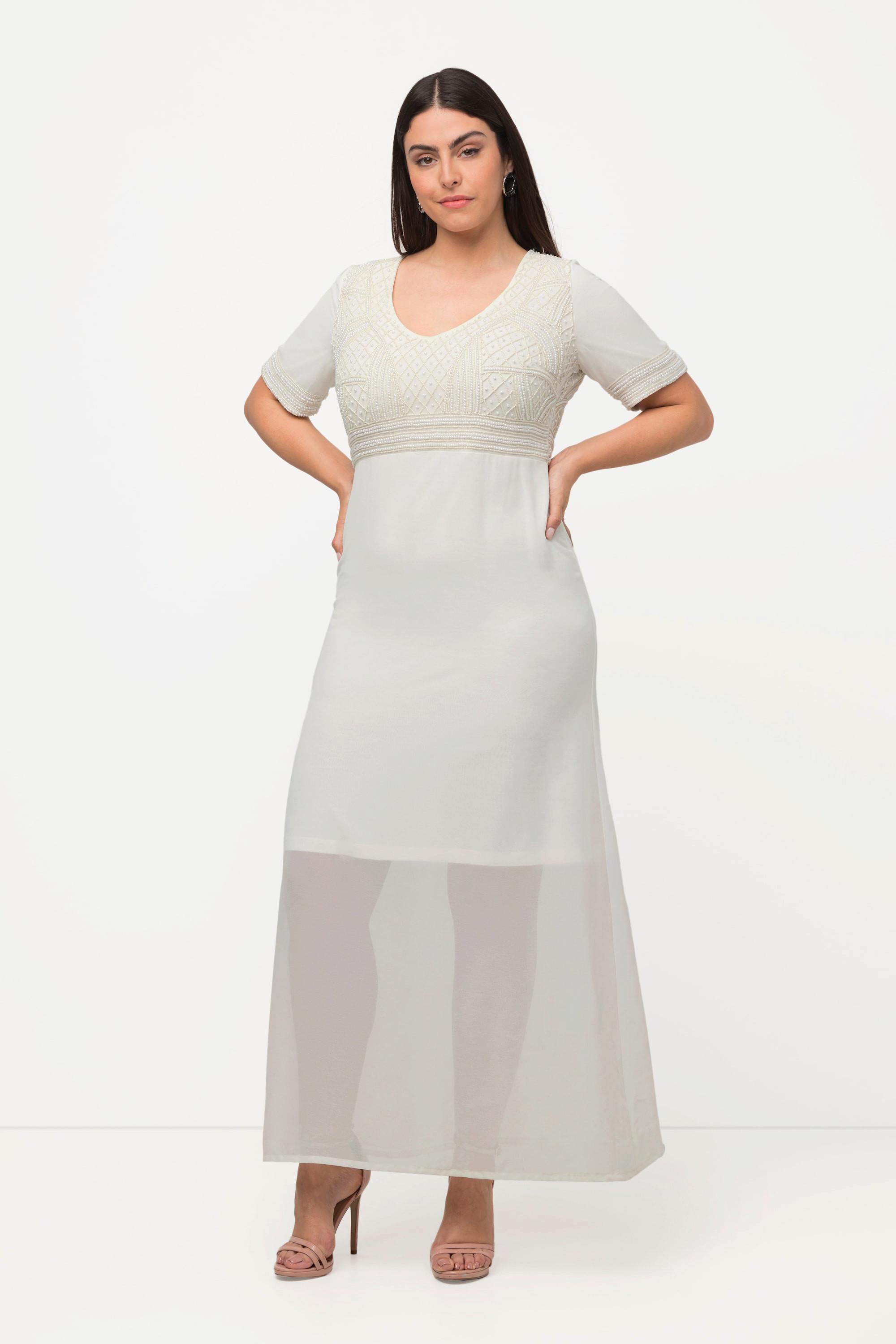 Ulla Popken Robe de Mariage Broderie Perles Col V Manches Mi-longues  