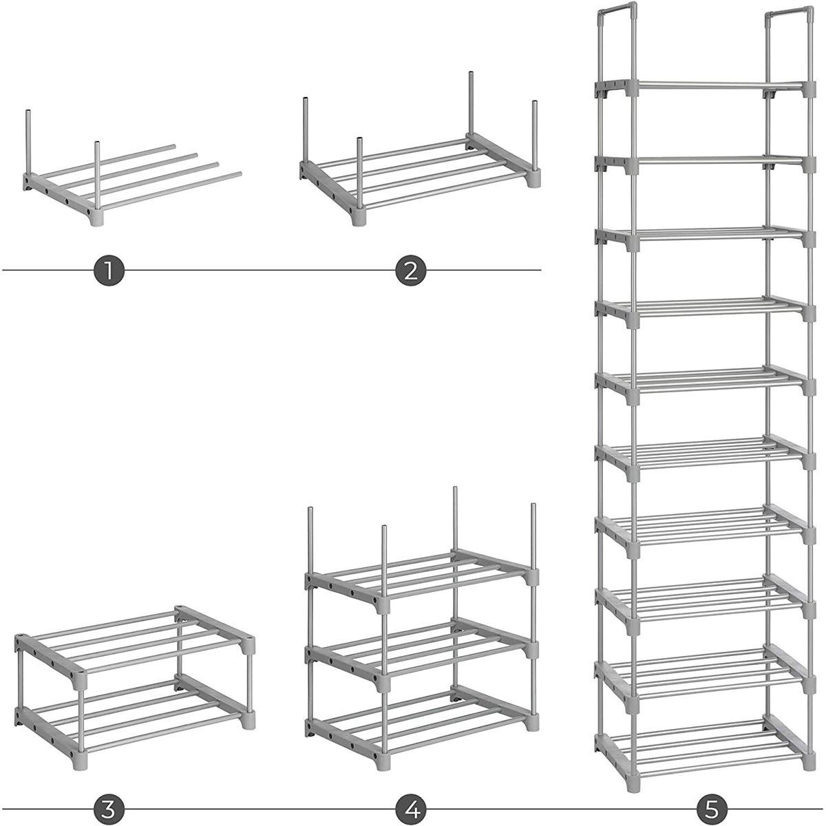 Calicosy Etagère à chaussures en fer gris avec 10 niveaux modulables - L45 x H174 cm  