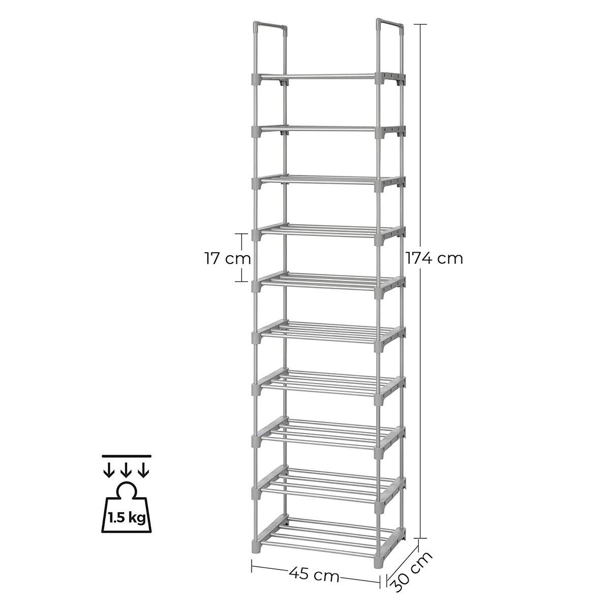 Calicosy Etagère à chaussures en fer gris avec 10 niveaux modulables - L45 x H174 cm  