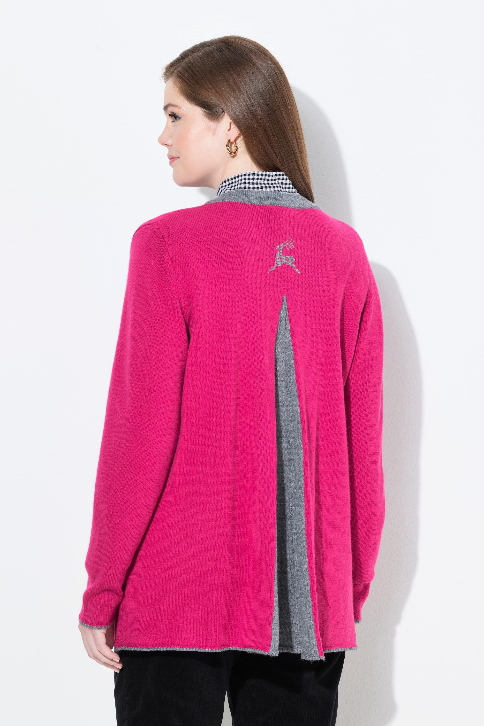 Ulla Popken Long Strickjacke Hirsch-Stickerei A-Linie Rundhals  