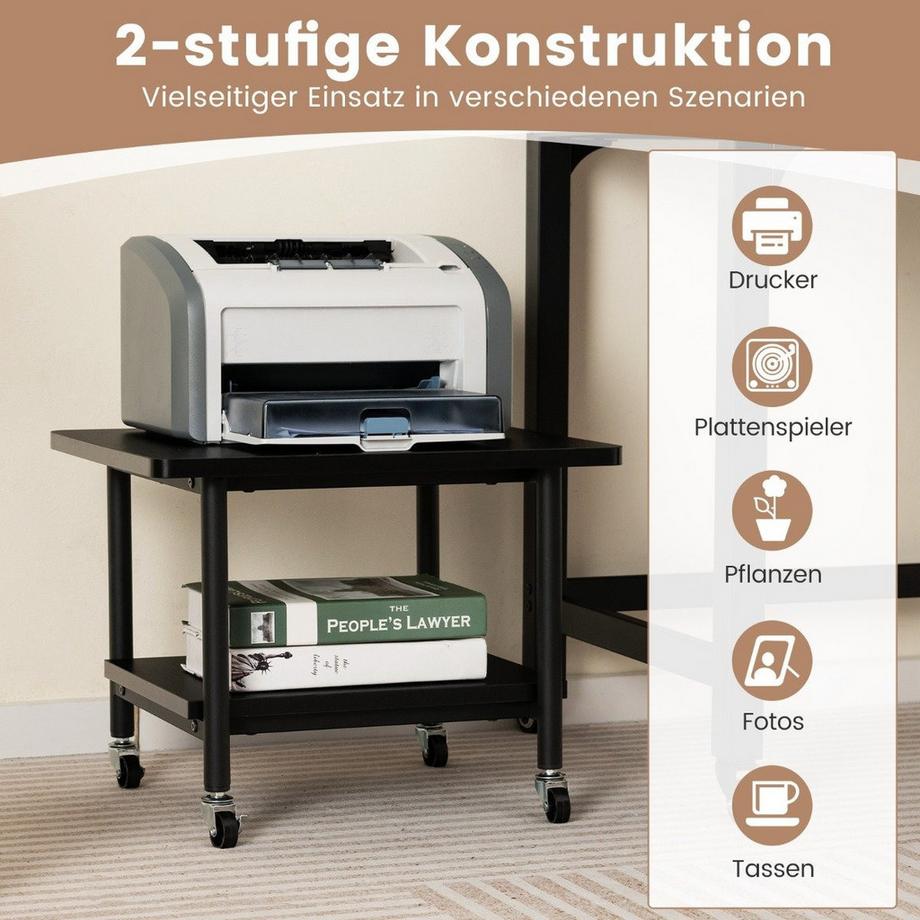 B2X Druckertisch mit 2 Ebenen & Feststellbaren Rädern Druckerständer Druckerwagen Schwarz  