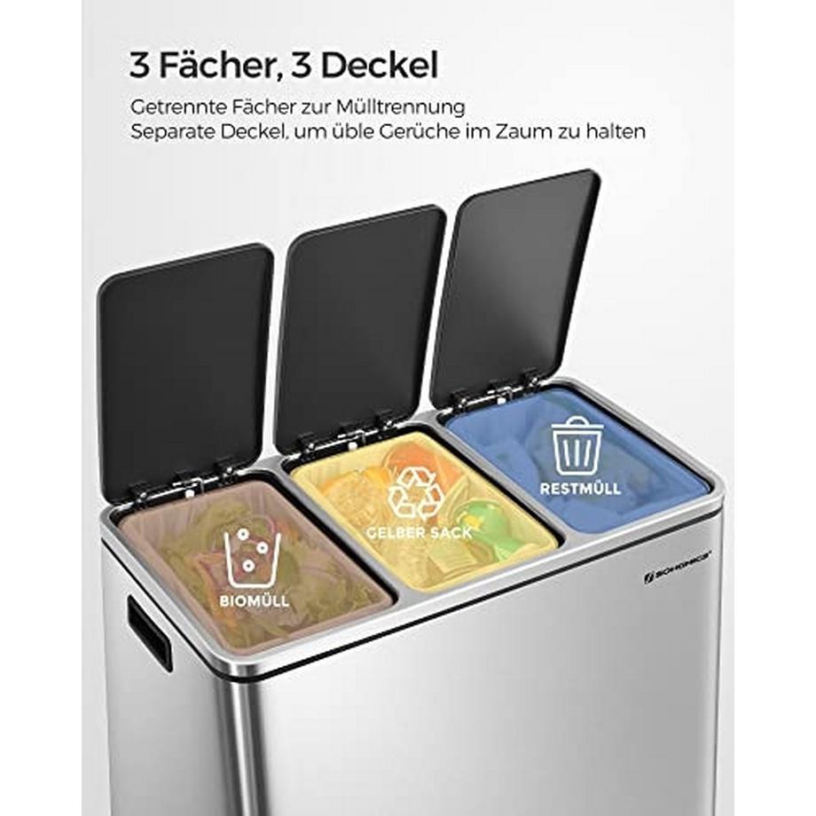 Songmics Recycling-Mülleimer mit 3 Fächern und Soft-Close-Pedal, 54 l Fassungsvermögen  
