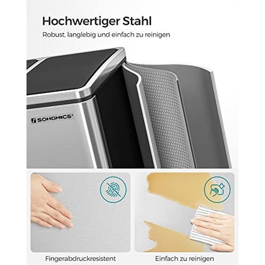 Songmics Recycling-Mülleimer mit 3 Fächern und Soft-Close-Pedal, 54 l Fassungsvermögen  