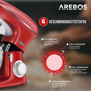 Arebos Robot de Cuisine 1500W 8L Acier inoxydable-Bol mélangeur 6 étapes  