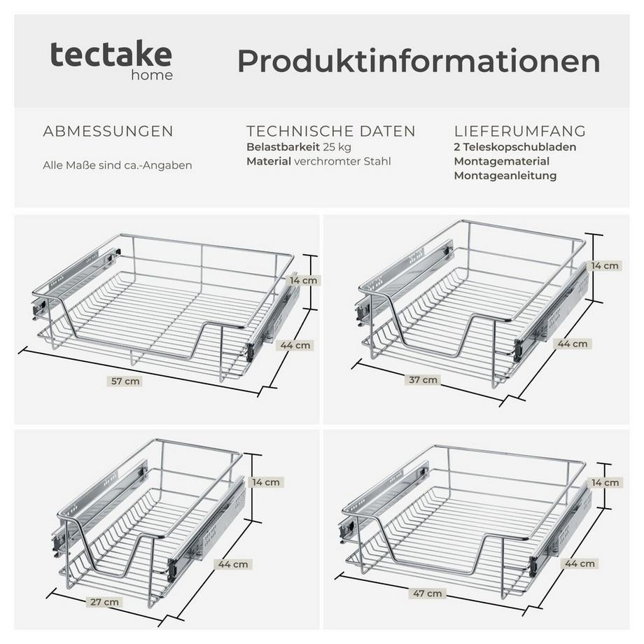 Tectake Teleskopschublade  verchromt leichtgängig, mit Vollauszug  