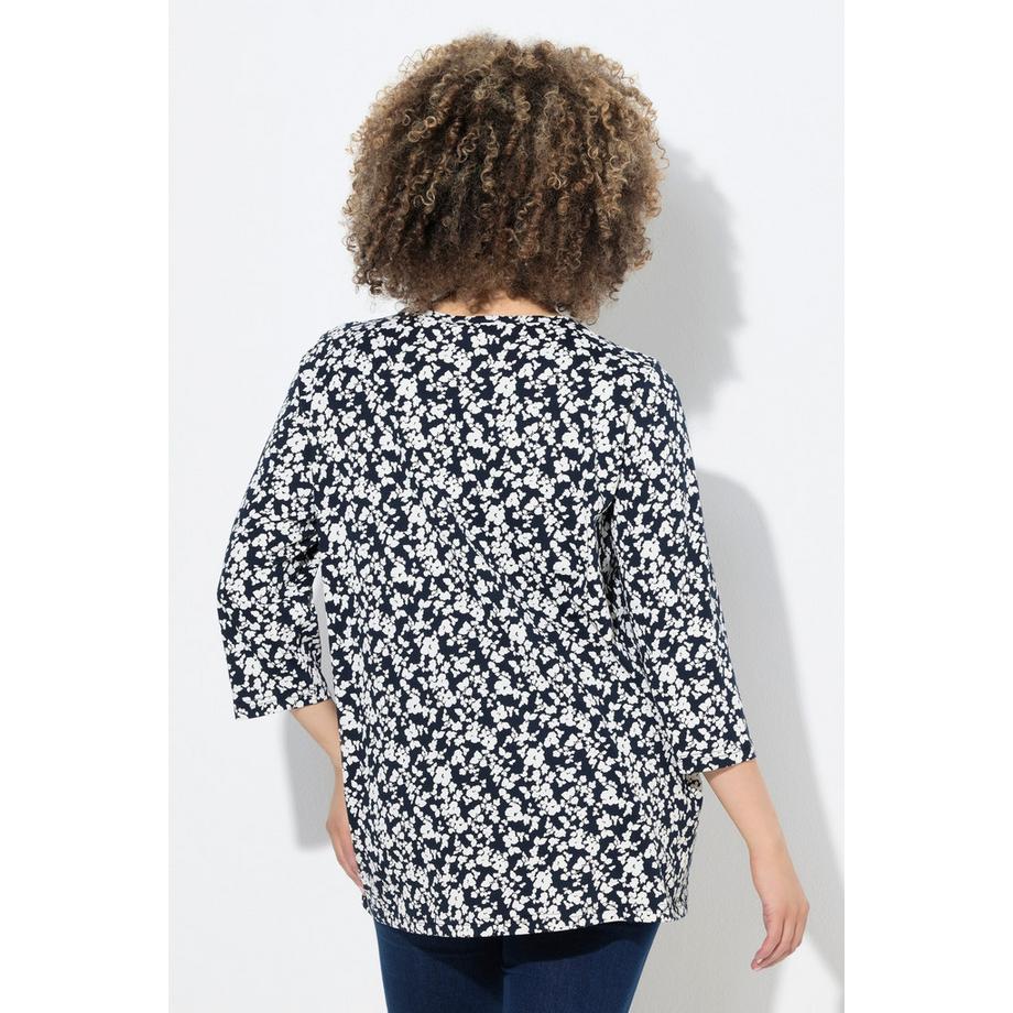 Ulla Popken A-Linie V-Ausschnitt T-Shirt mit Zierfalten und 3/4-Ärmeln  