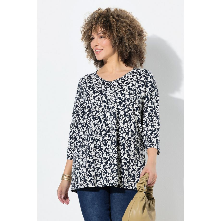 Ulla Popken A-Linie V-Ausschnitt T-Shirt mit Zierfalten und 3/4-Ärmeln  