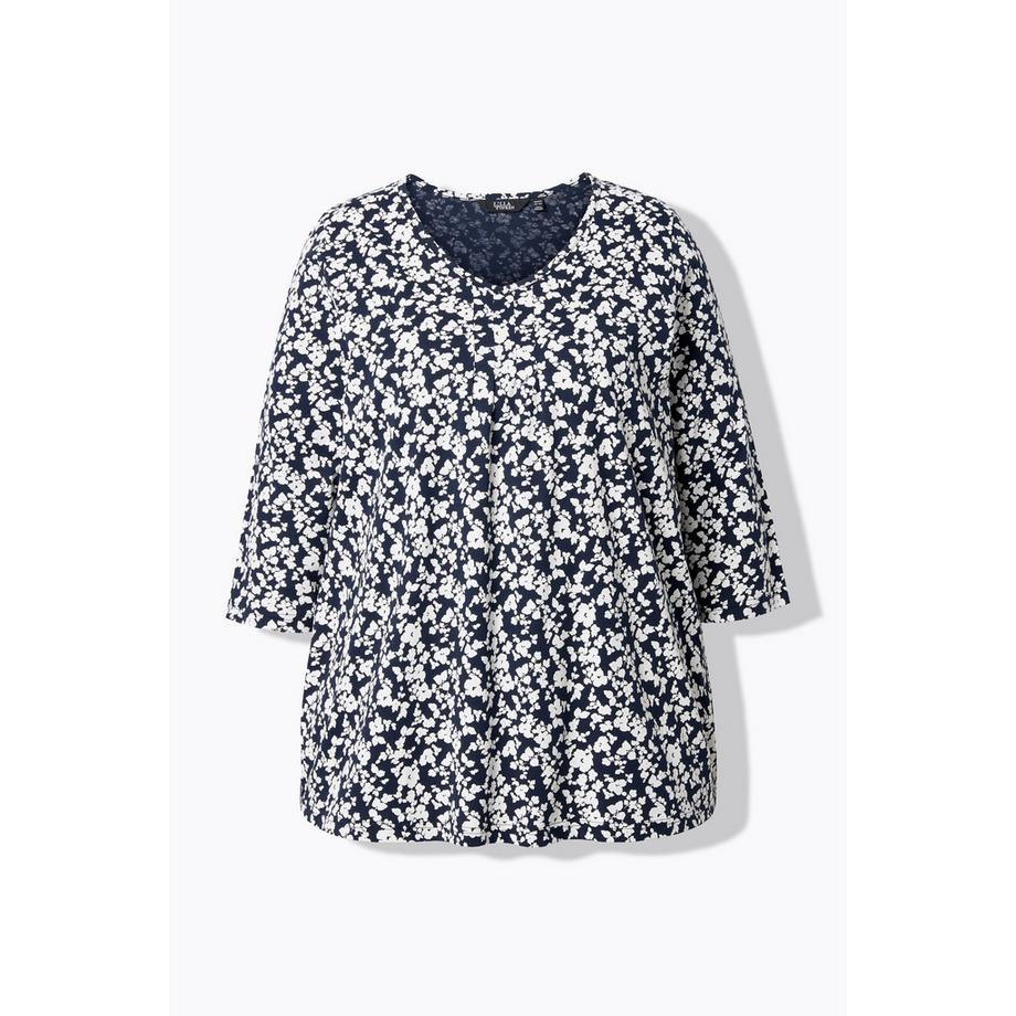 Ulla Popken A-Linie V-Ausschnitt T-Shirt mit Zierfalten und 3/4-Ärmeln  